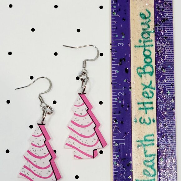 Pink Christmas Tree Cake Earrings Stainless Steel Hooks Holiday Earrings Funky - Picture 4 of 6
